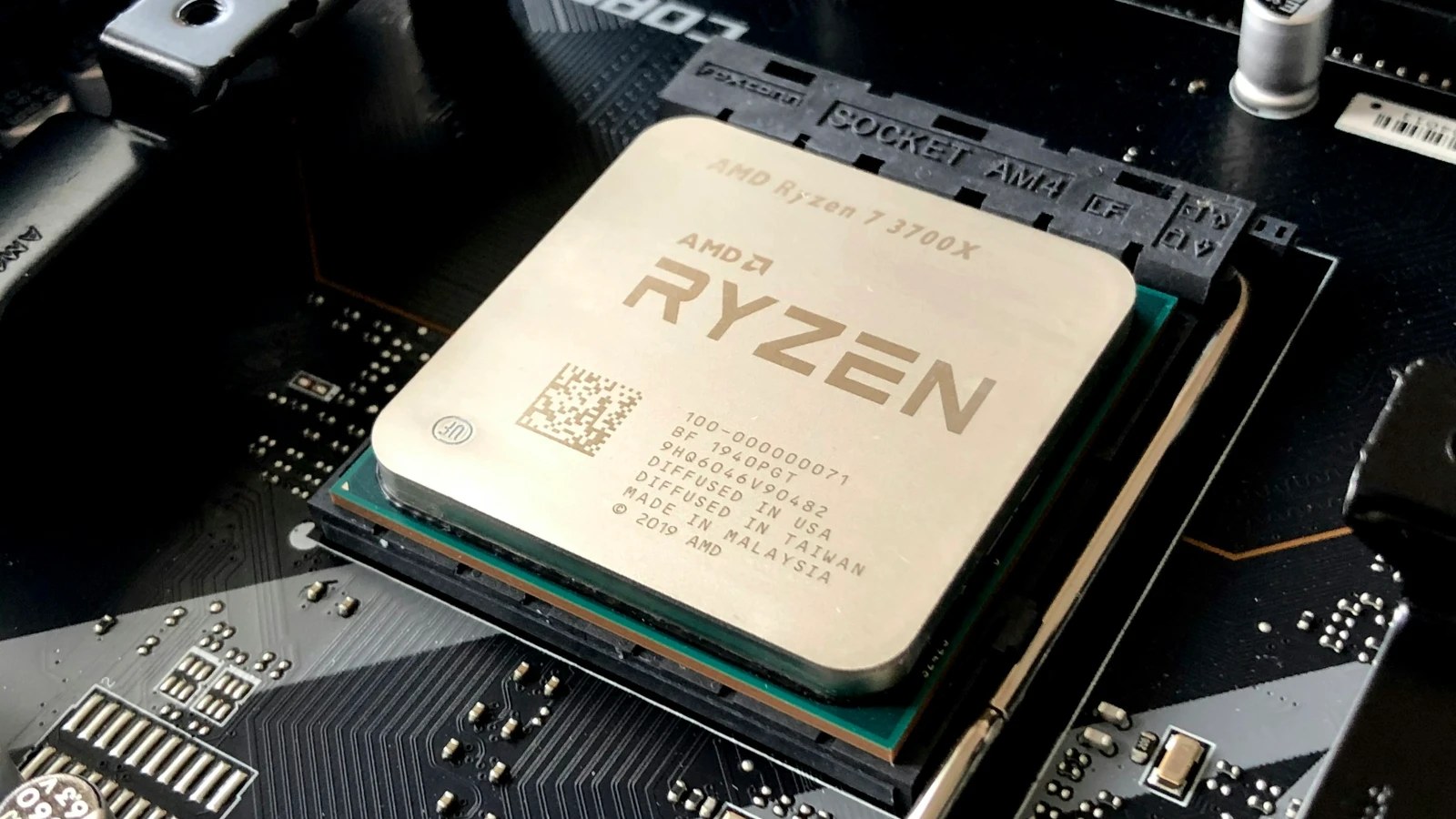 A processor installed in the socket of a motherboard
